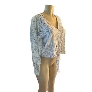 Women XS Koaj Long Slv Cropped Tie Front Elephant Print White Blouse Shirt Top
